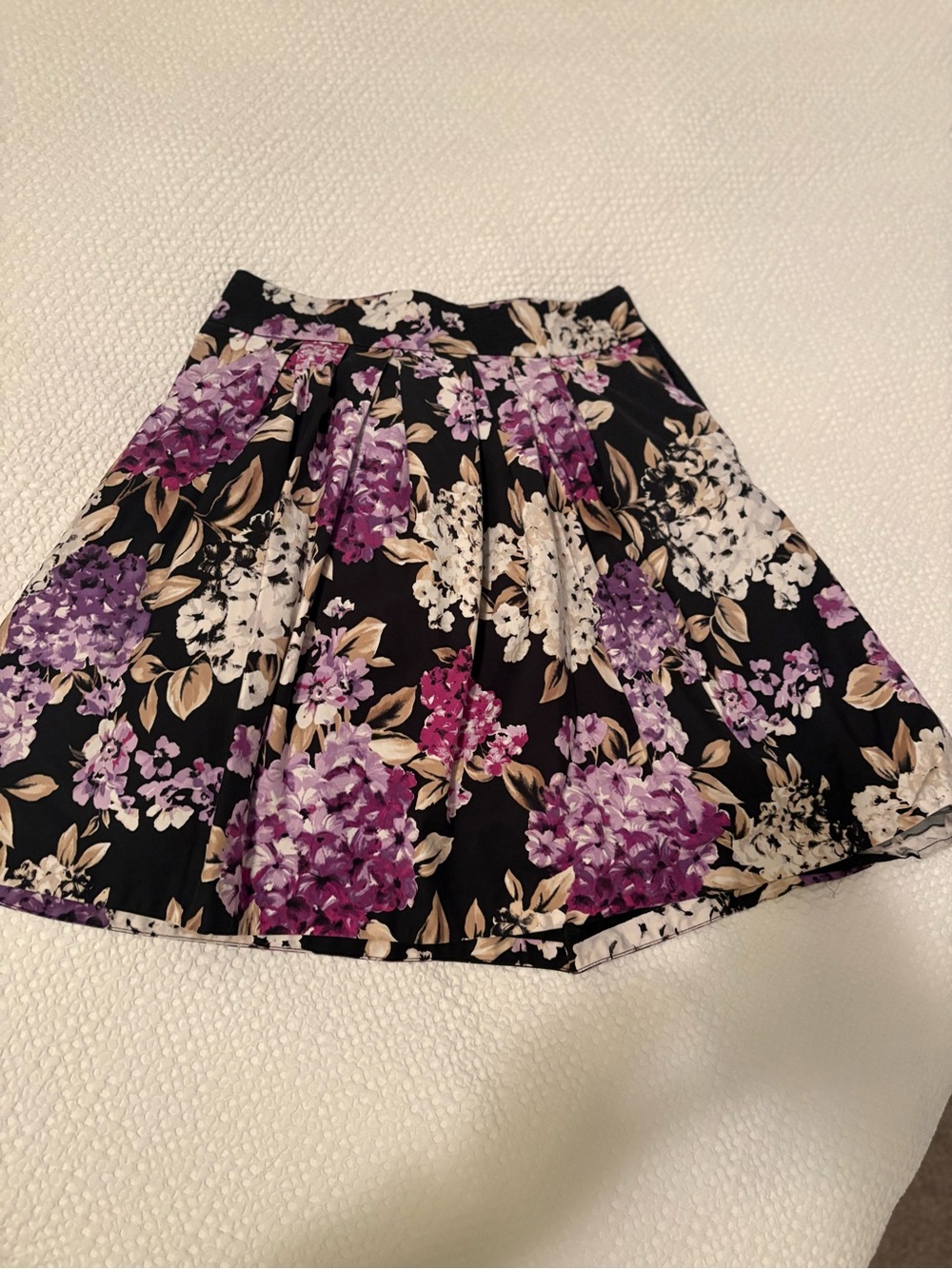 White House Black Market Black Floral Circle Skirt with Purple Blooms